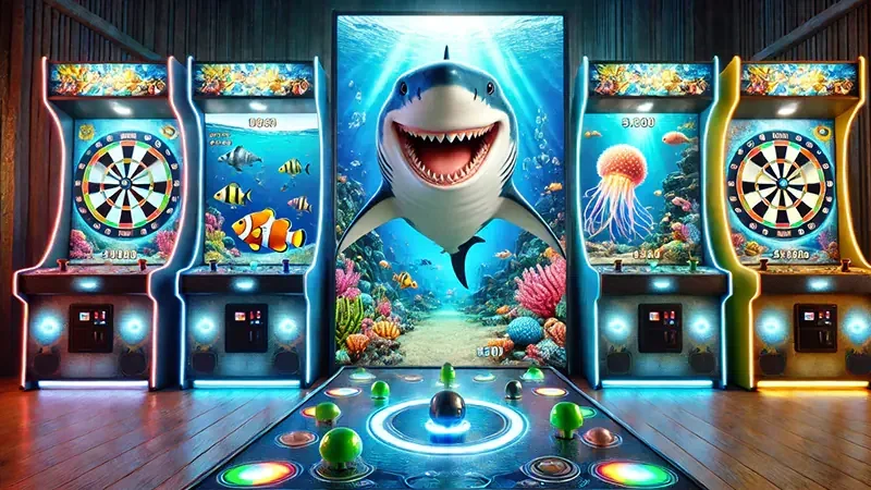 Tampilan arena tembak ikan dengan target bergerak di layar